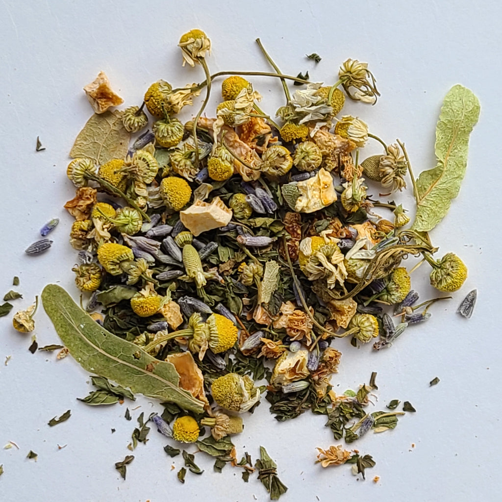 Nightcap with Chamomile, Lavender, Spearmint, Linden Flower, and Lemon Peel. Relaxing Herbal Tea